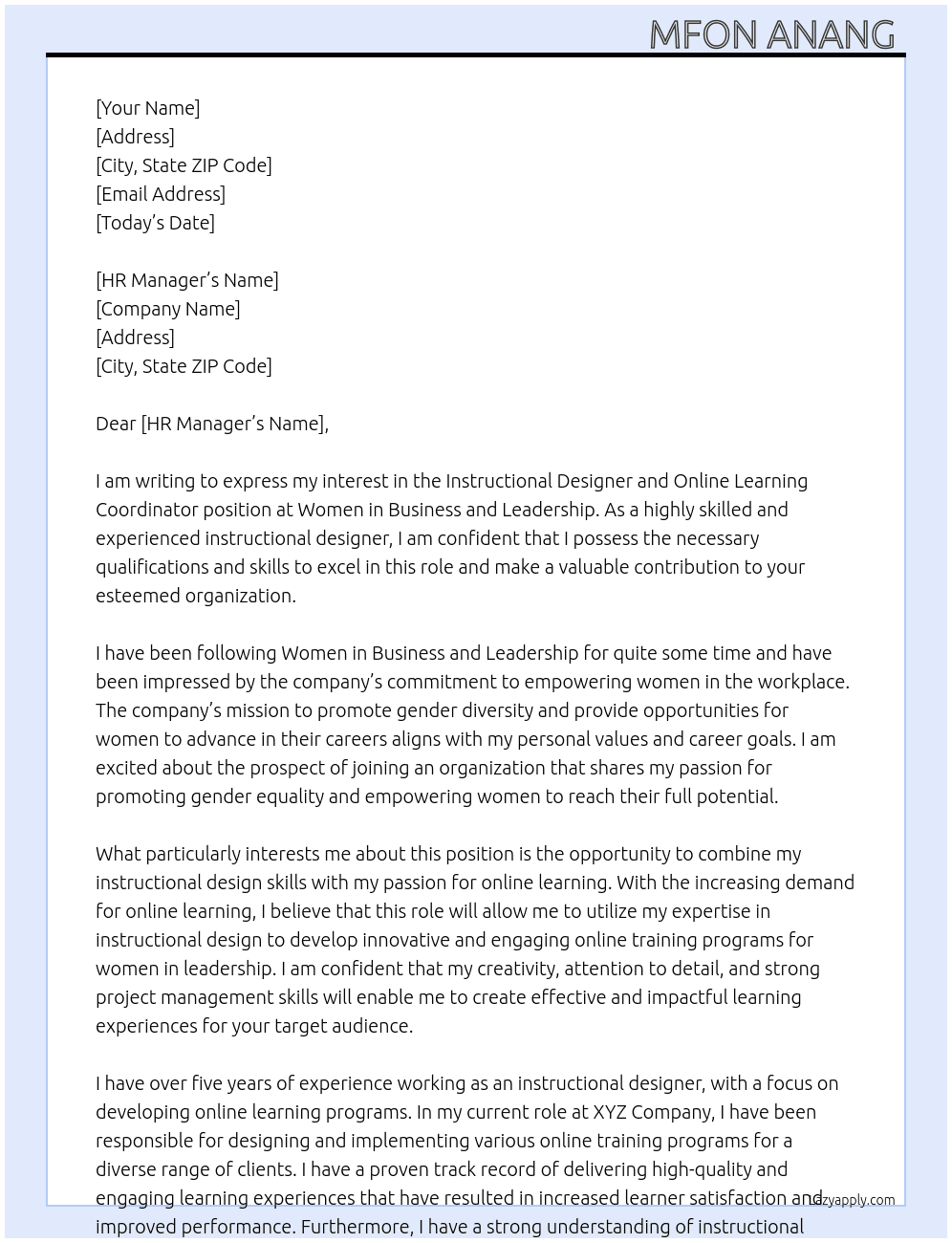Instructional designer and online learning coordinator  At Women in Business and leadership  Cover Letter