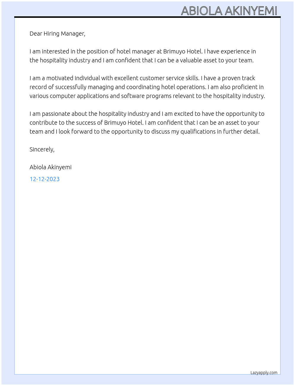 Hotel manager  At Brimuyo Hotel Cover Letter