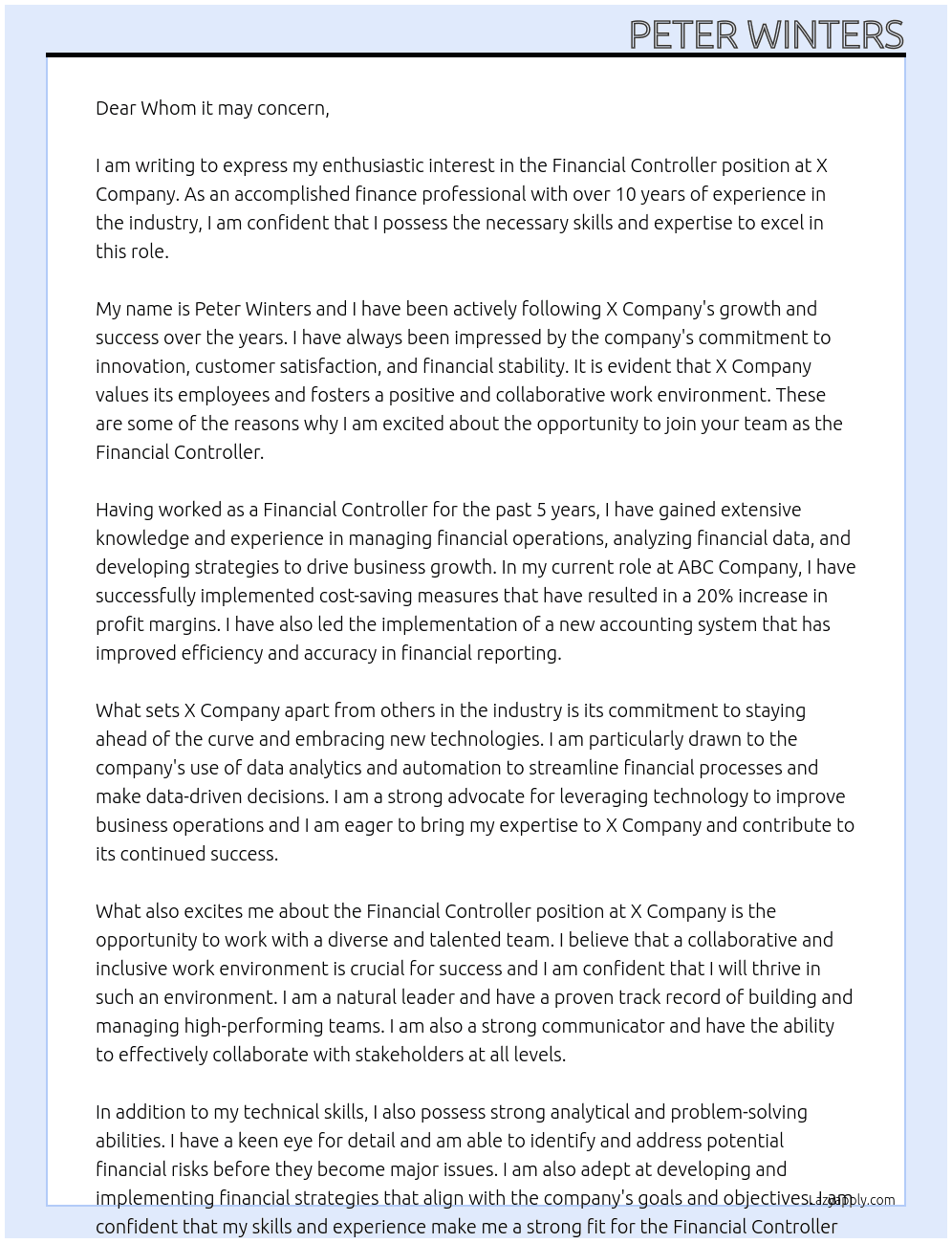 financial controller At x company Cover Letter