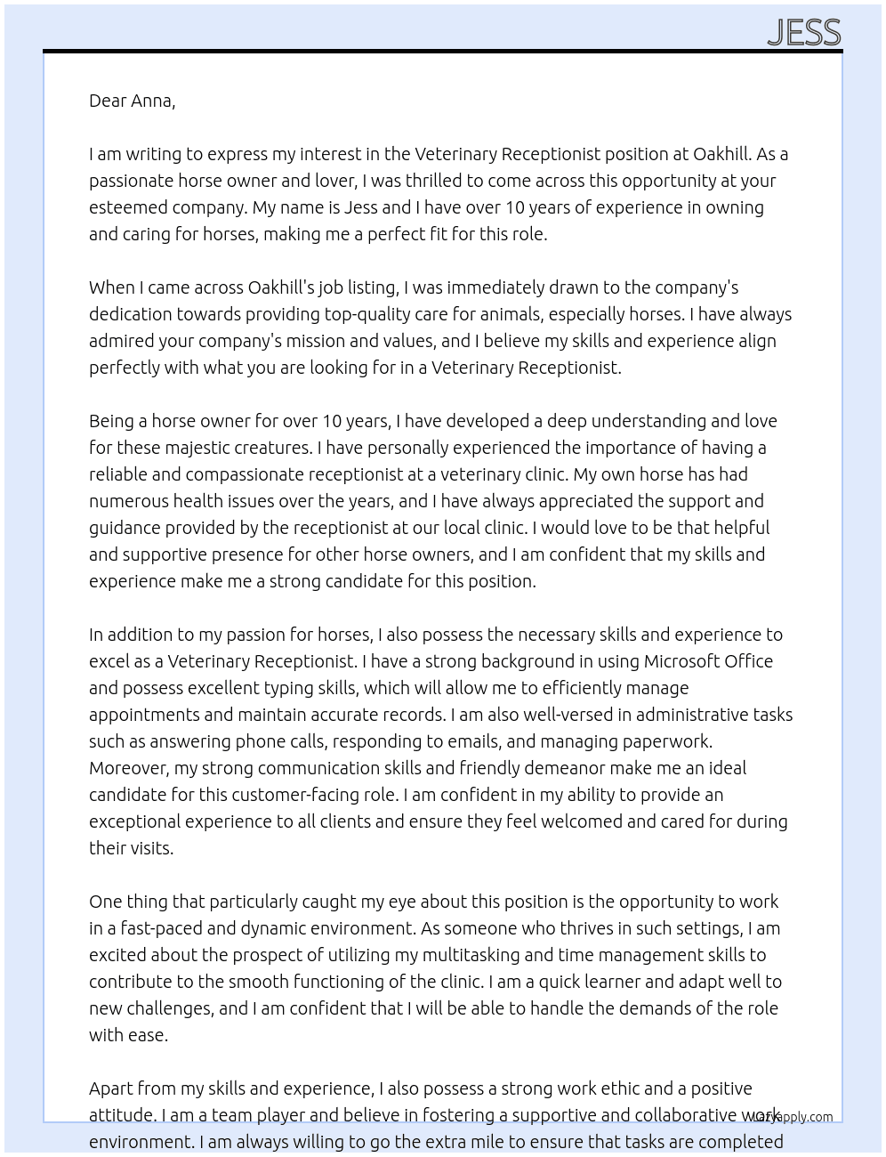 Veterinary Receptionist At Oakhill Cover Letter
