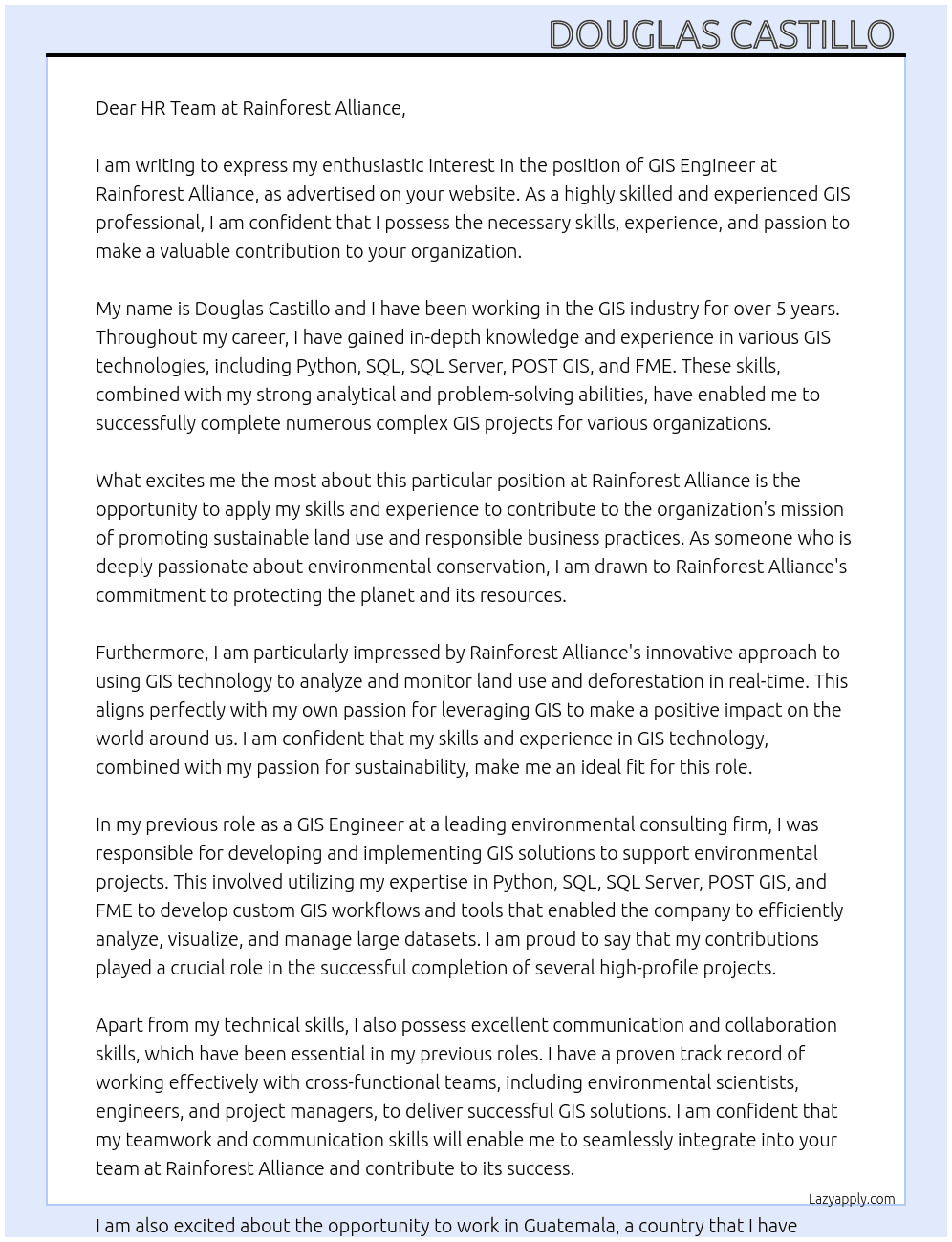 GIS engineer At Rainforest Alliance  Cover Letter
