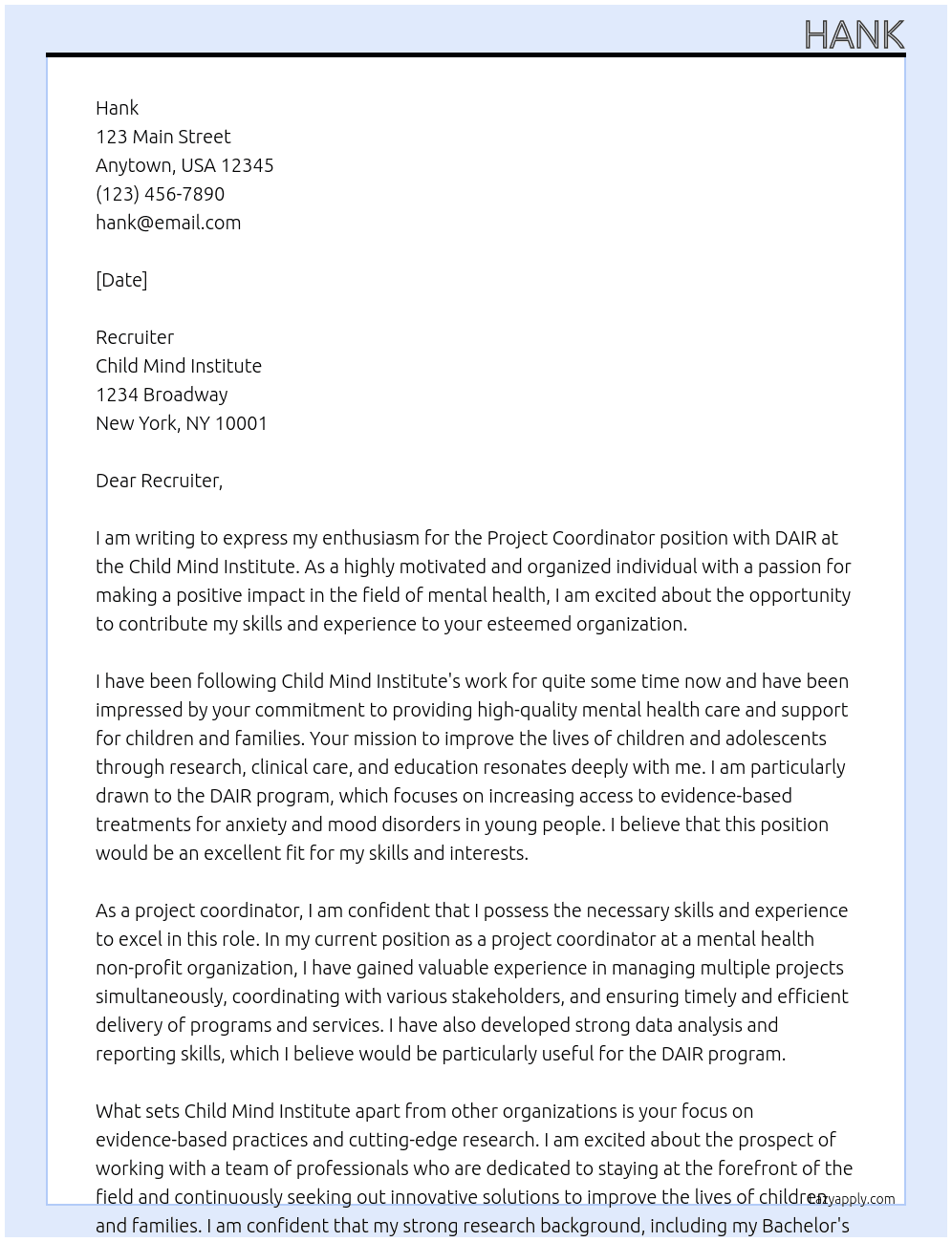 Project Coordinator, DAIR At Child Mind Institute Cover Letter