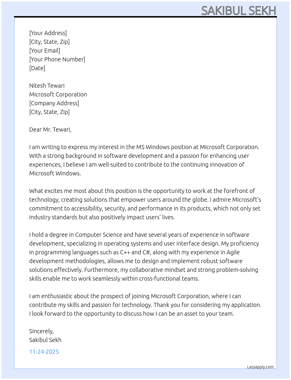 Ms windows At Microsoft corporation Cover Letter