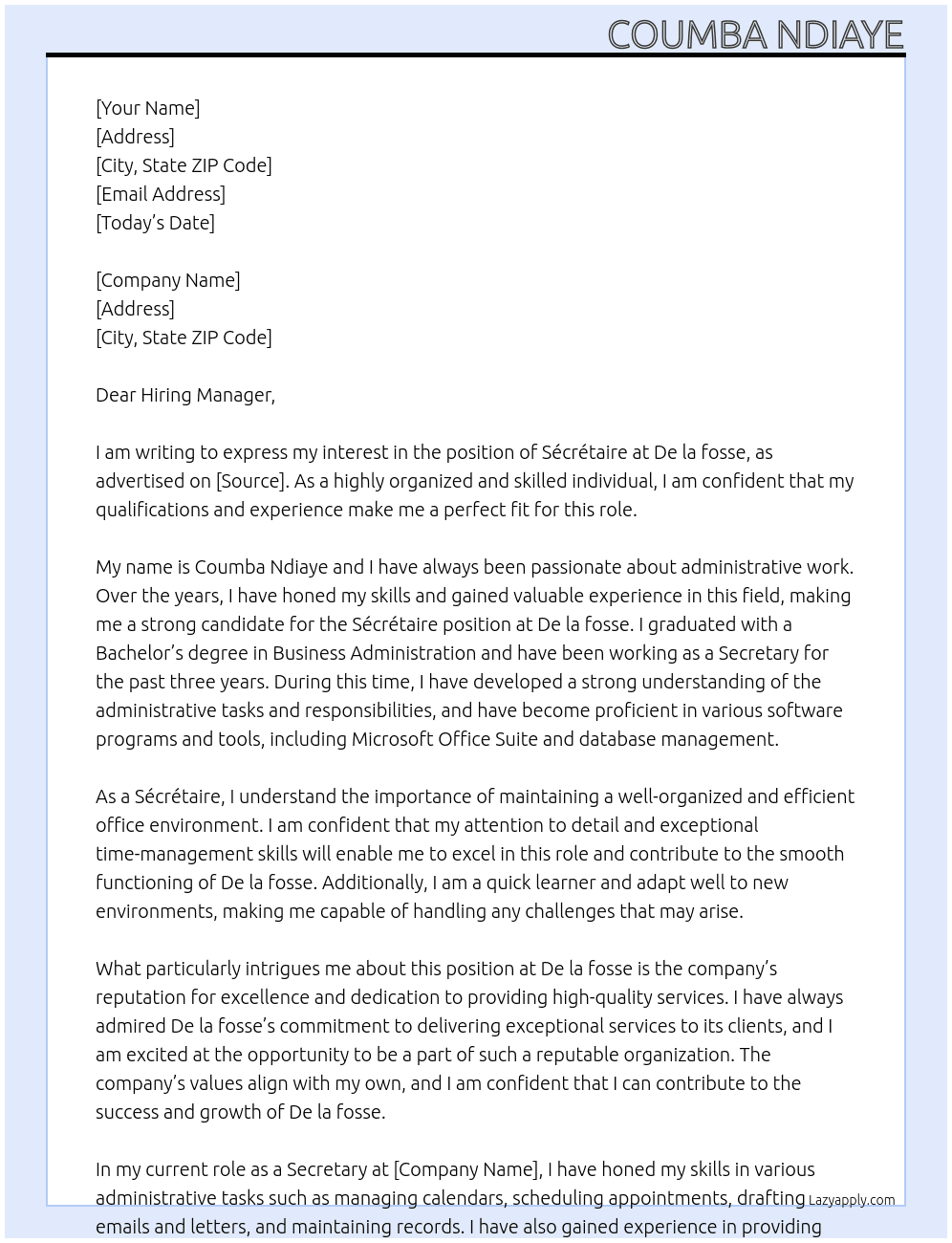 sécrétaire At De la fosse Cover Letter