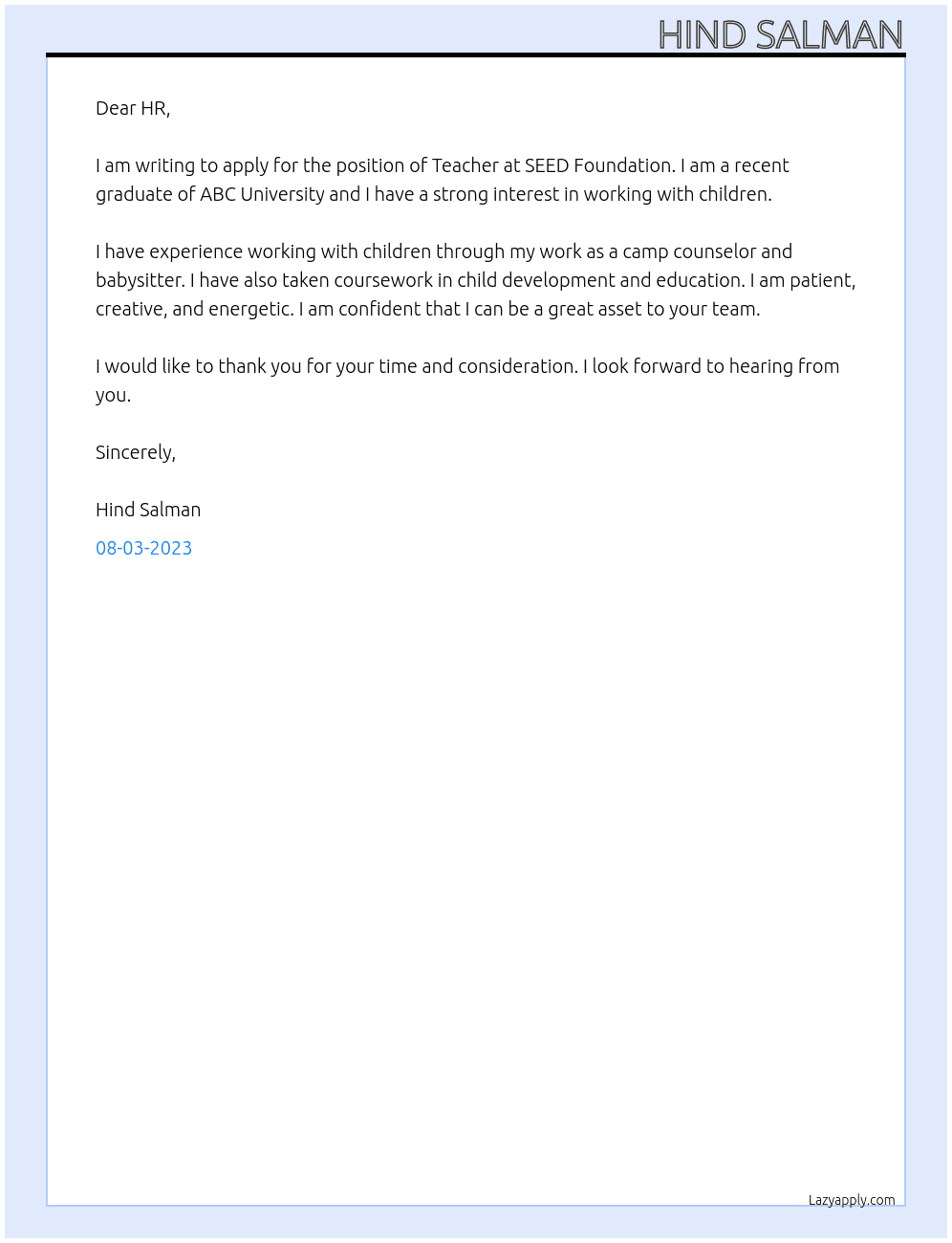 Teacher At SEED Foundation Cover Letter