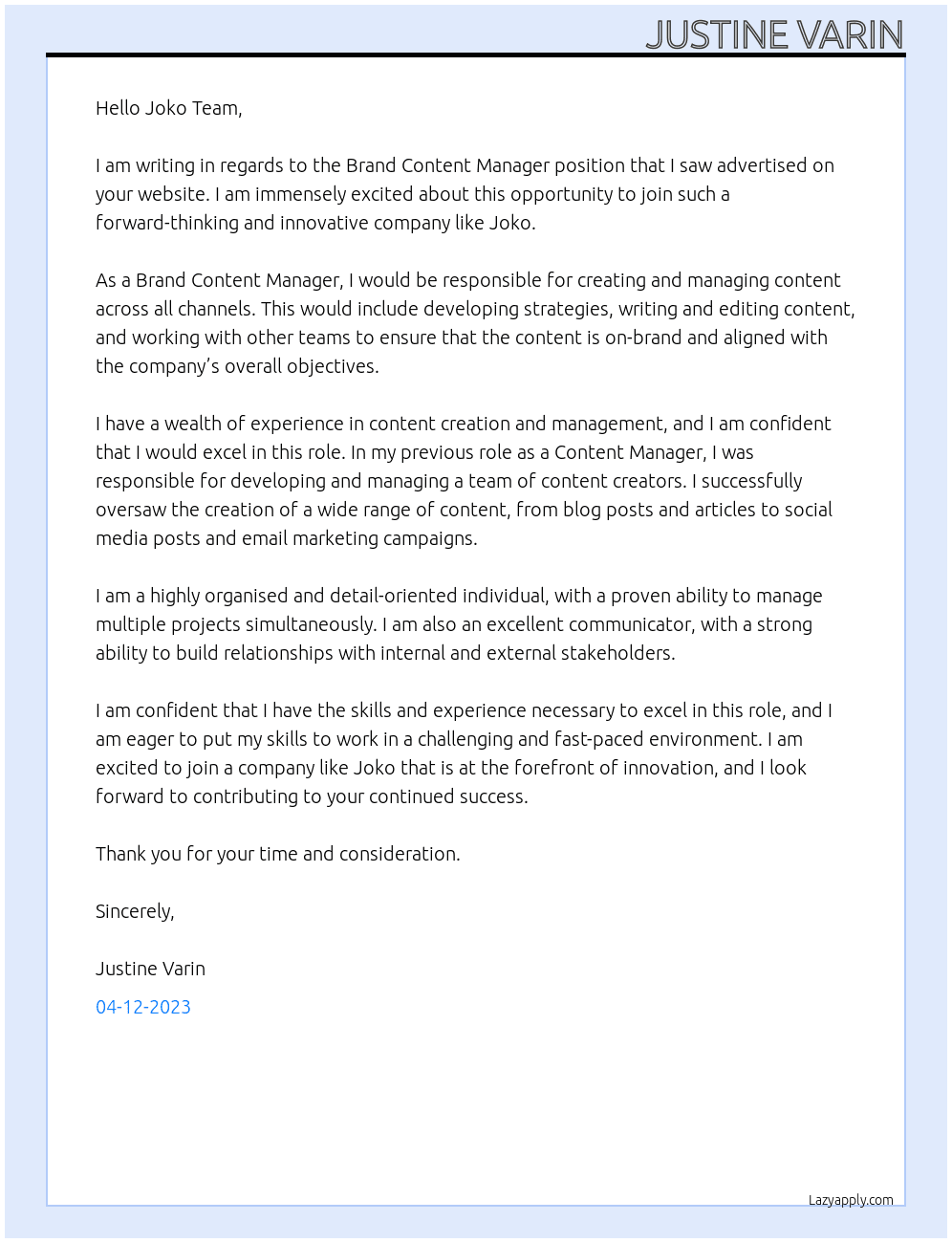 Brand Content Manager At Joko Cover Letter