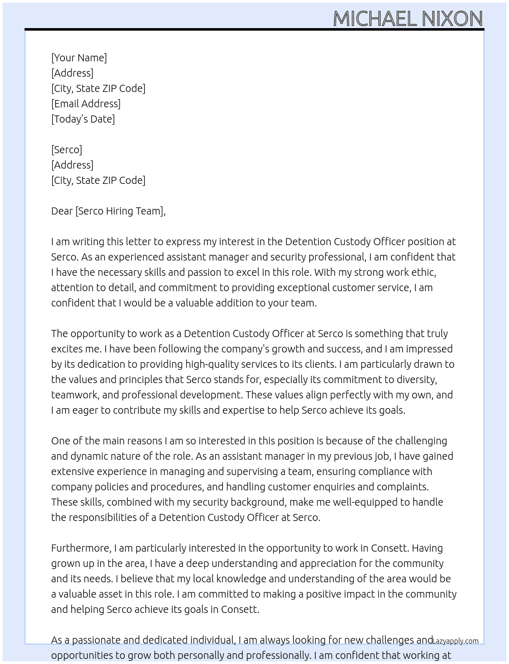 Detention Custody Officer At serco Cover Letter