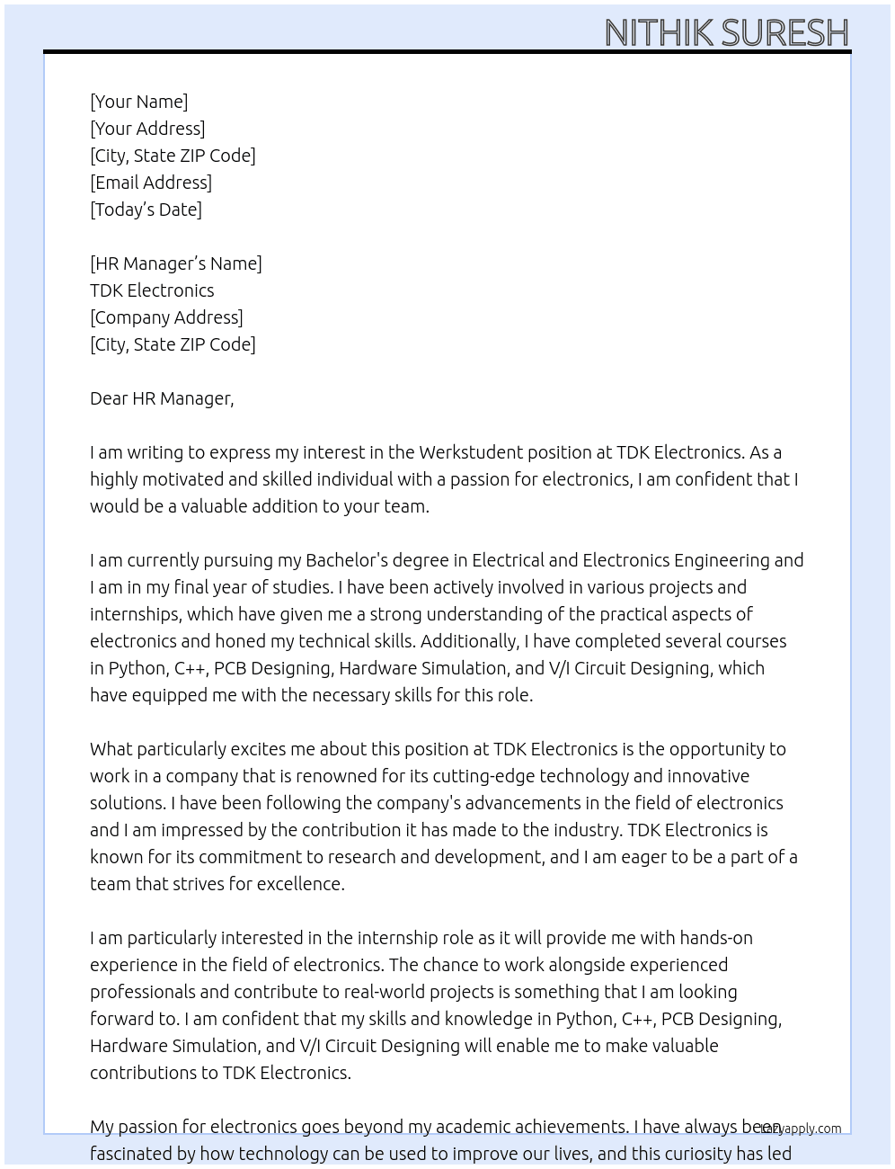 Werkstudent At TDK Electronics Cover Letter