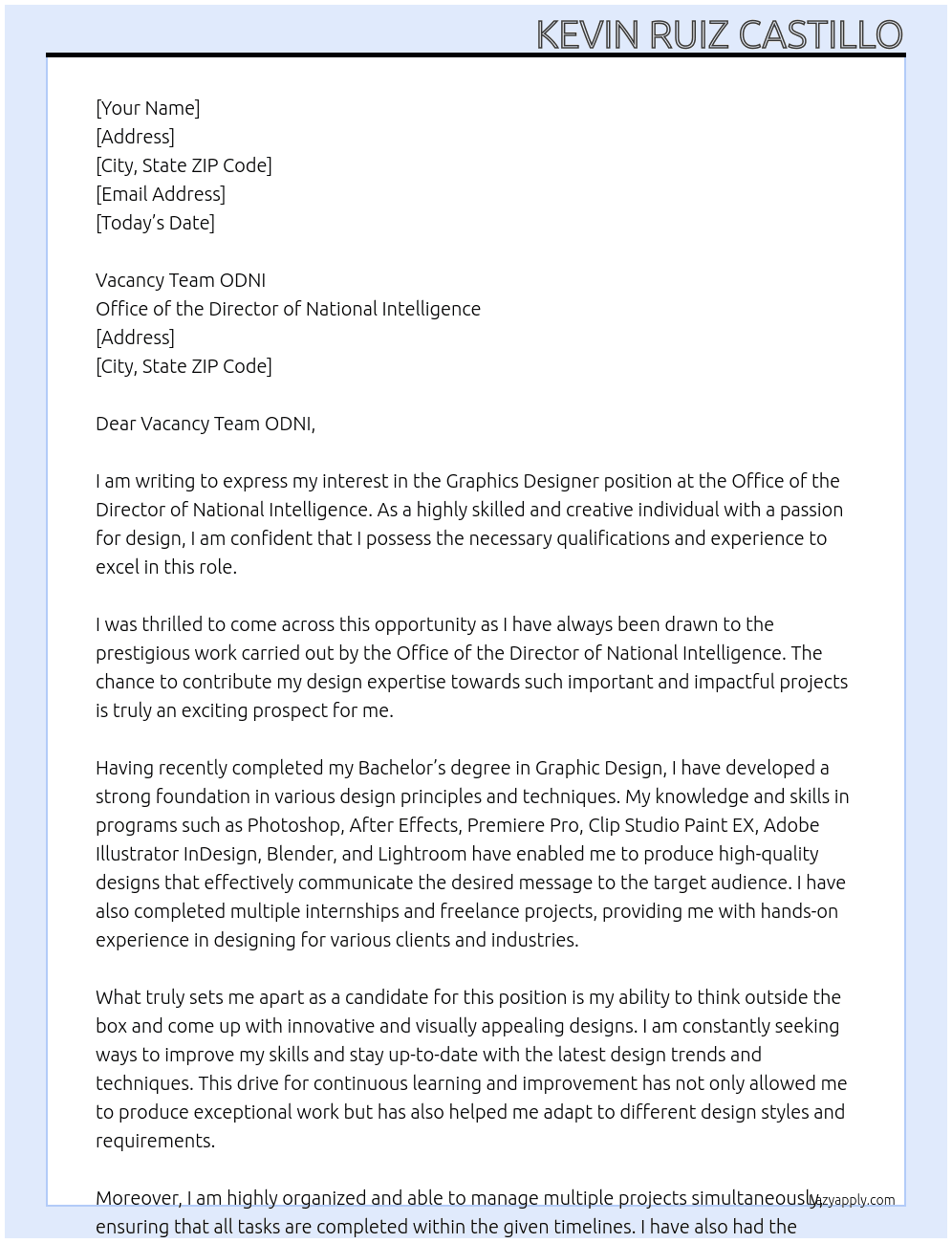 Graphics Designer At Office of the Director of National Intelligence Cover Letter