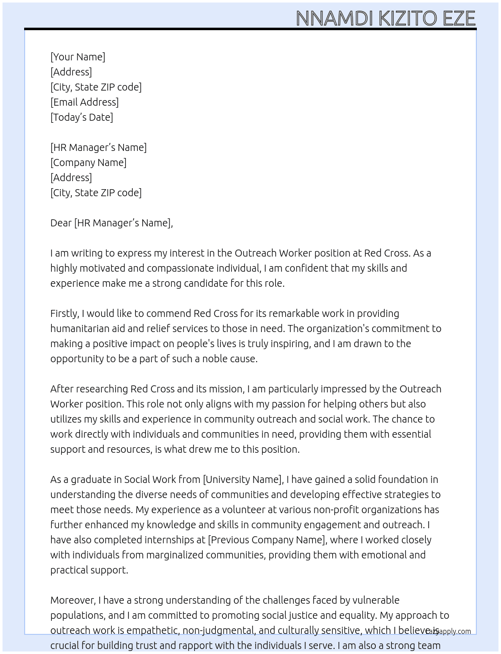 Outreach worker  At Red cross Cover Letter