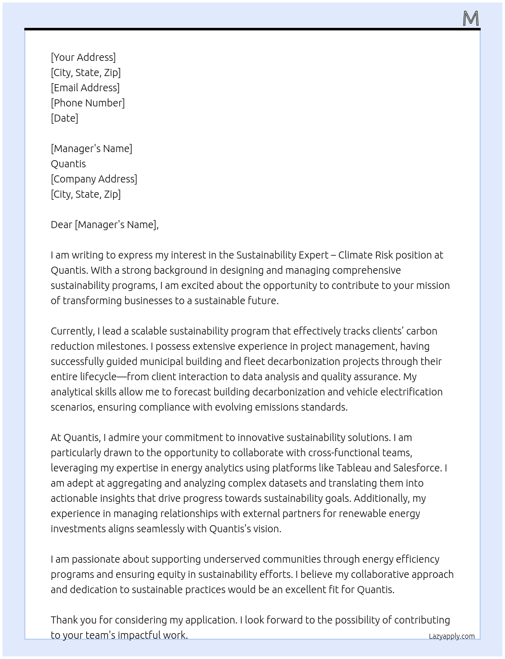 Sustainability Expert - Climate Risk At Quantis Cover Letter