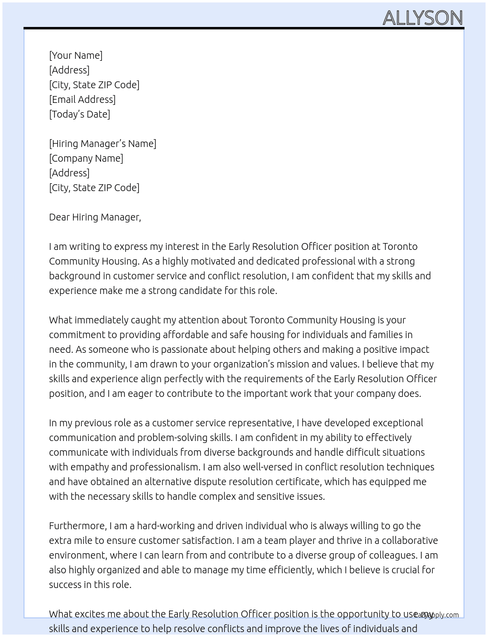 Early Resolution Officer At Toronto Community Housing Cover Letter