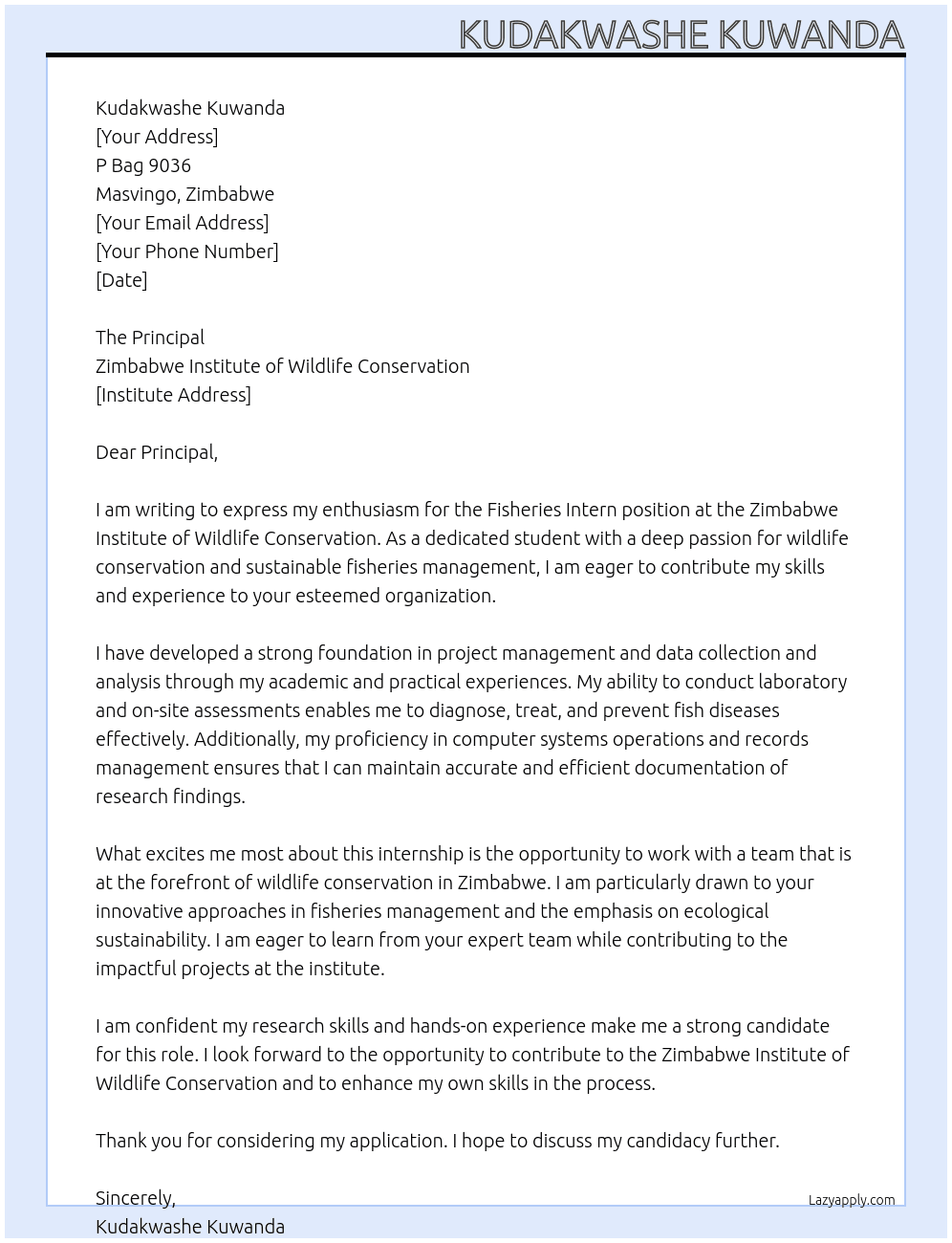 Cover letter for fisheries intern - LazyApply