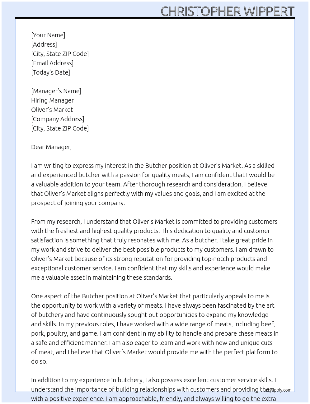 Butcher At Oliver's Market Cover Letter