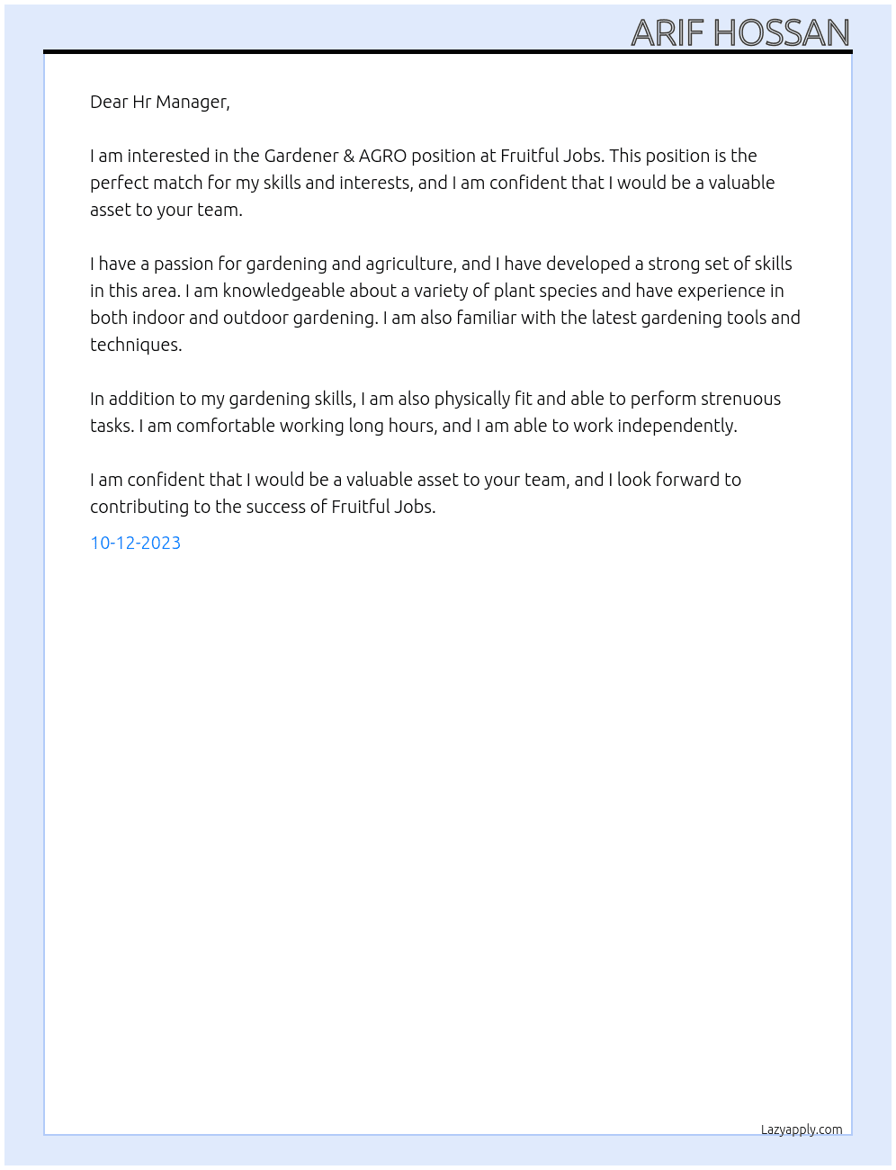 Gardener & AGRO  At FRUITFUL JOBS Cover Letter
