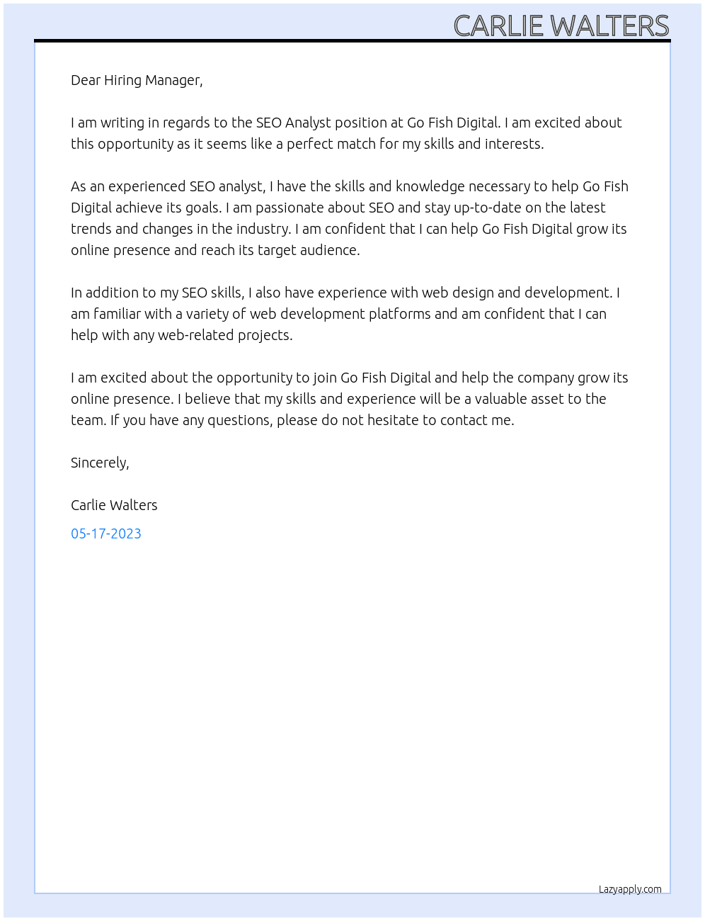 SEO Analyst At Go Fish Digital Cover Letter