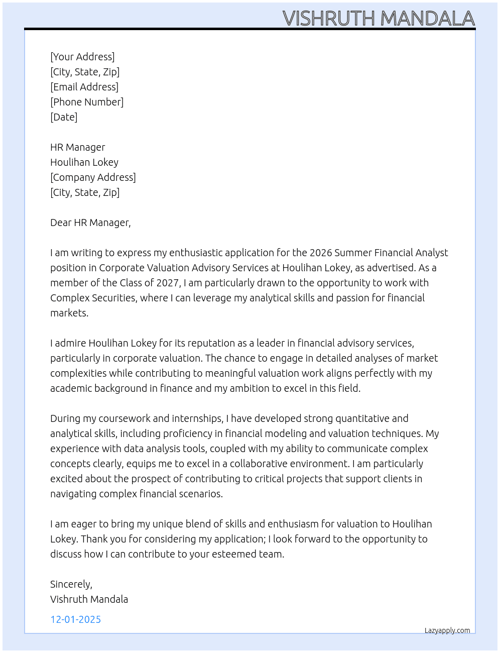 2026 Summer Financial Analyst (Class of 2027), Corporate Valuation Advisory Services, Complex Securities At Houlihan Lokey Cover Letter