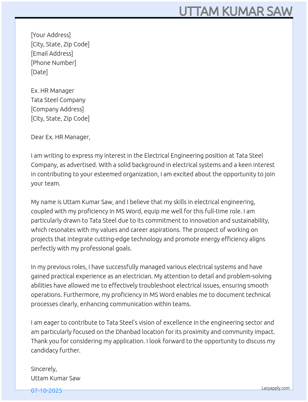 Electrical engineering  At Tata Steel company  Cover Letter
