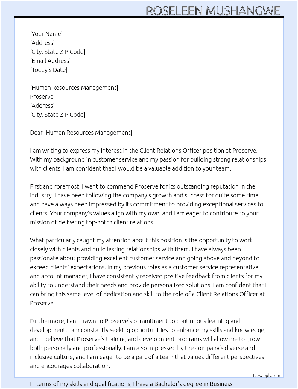 Client relations officer At Proserve Cover Letter