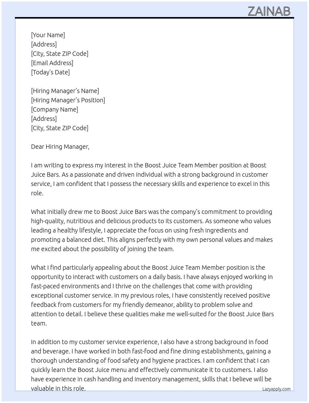 boost juice team member  At boost juice bars Cover Letter