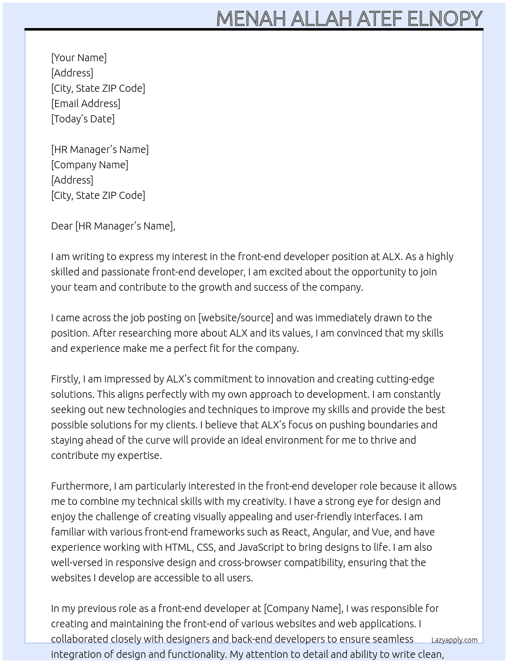 front-end developer At ALX Cover Letter