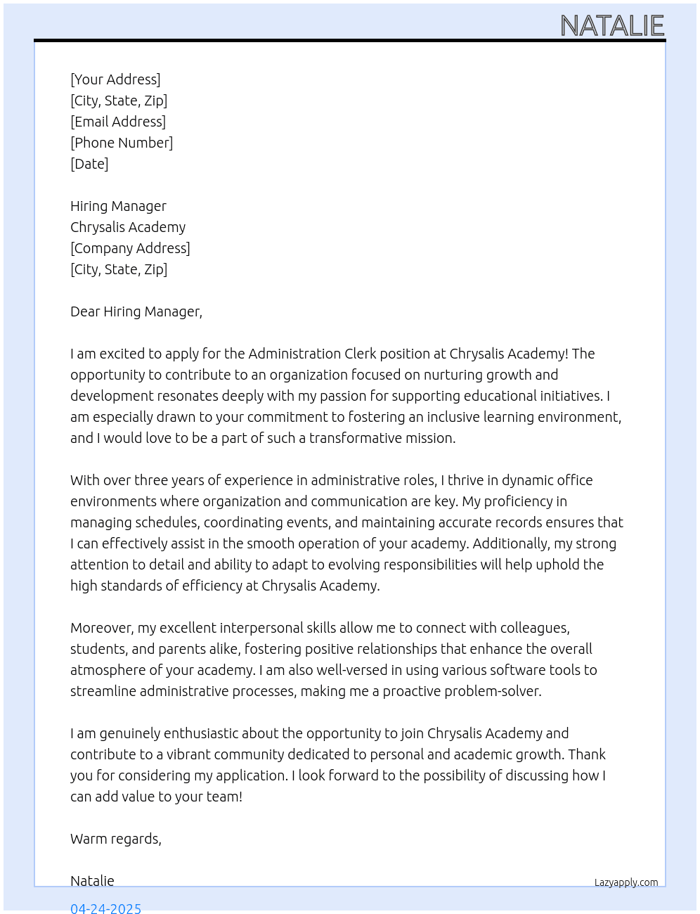 Administration Clerk  At Chrysalis Academy  Cover Letter