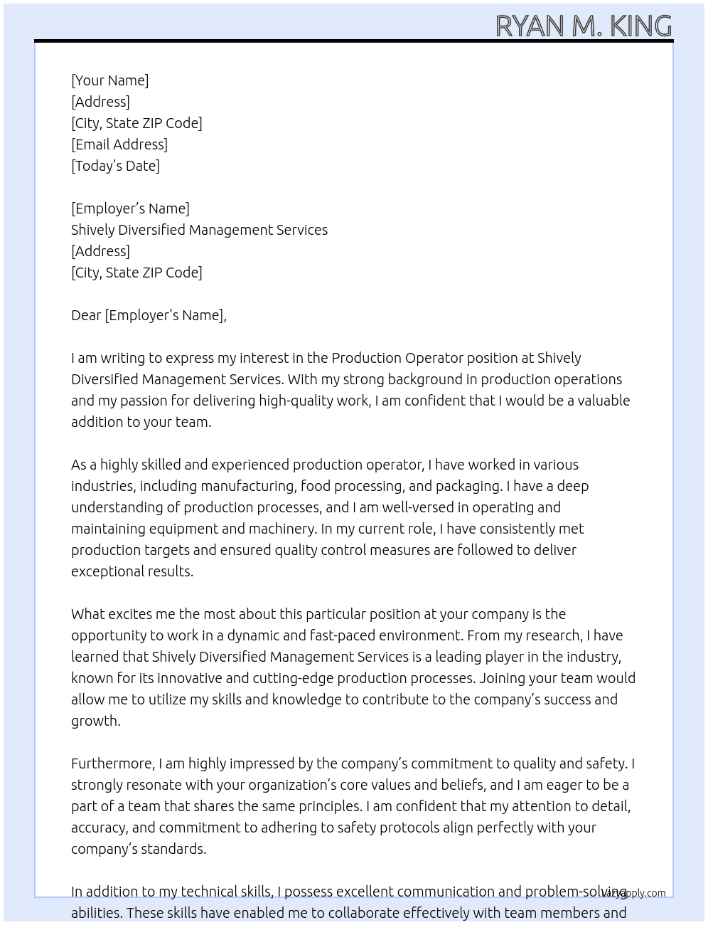 Production Operartor At Shively Diversified Management Services Cover Letter