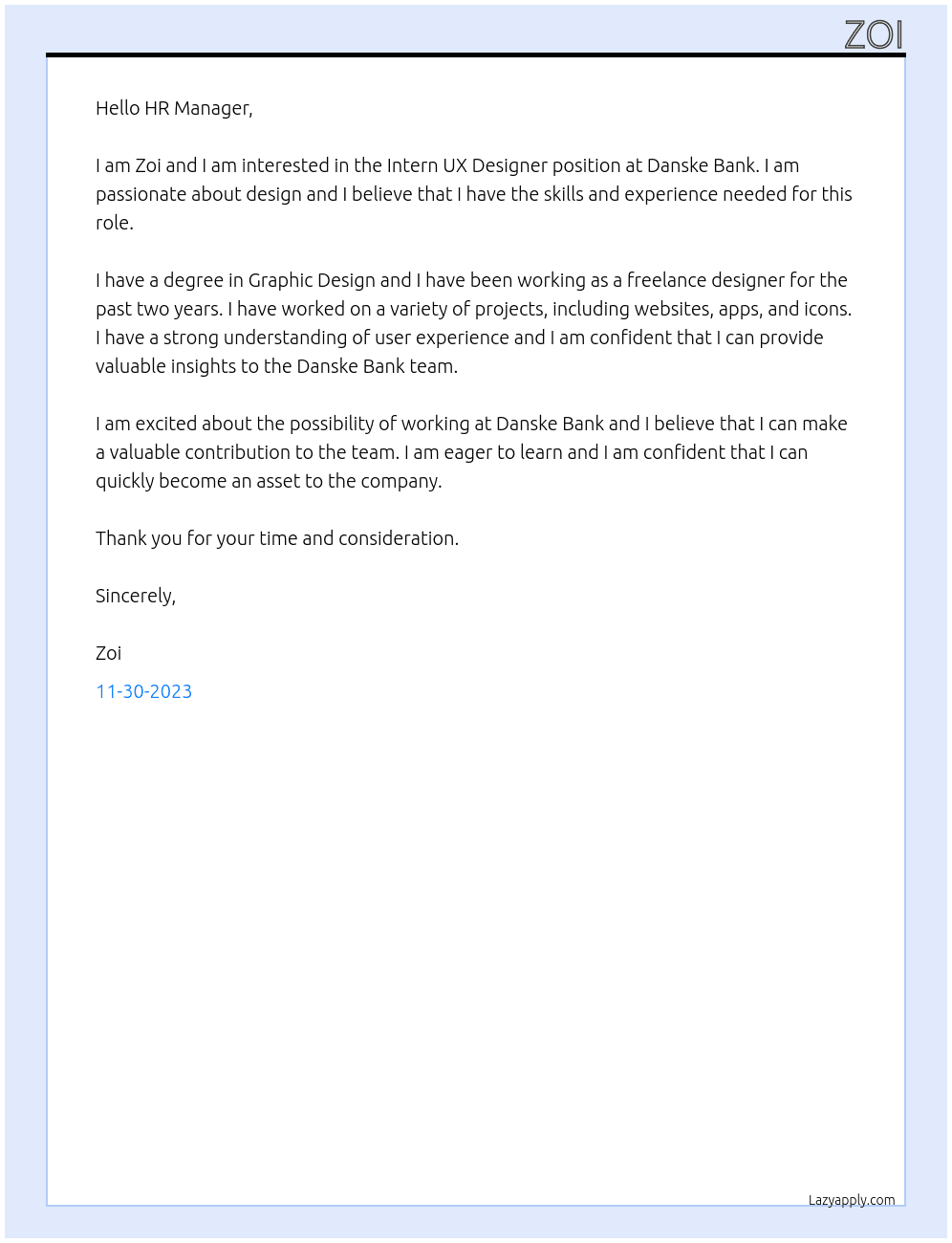 Intern UX Designer At Danske Bank Cover Letter