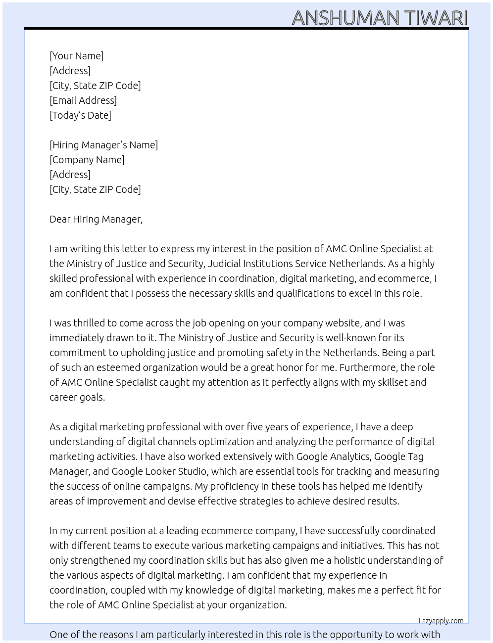 AMC Online Specialist At Ministry of Justice and Security, Judicial Institutions Service Netherlands  Cover Letter