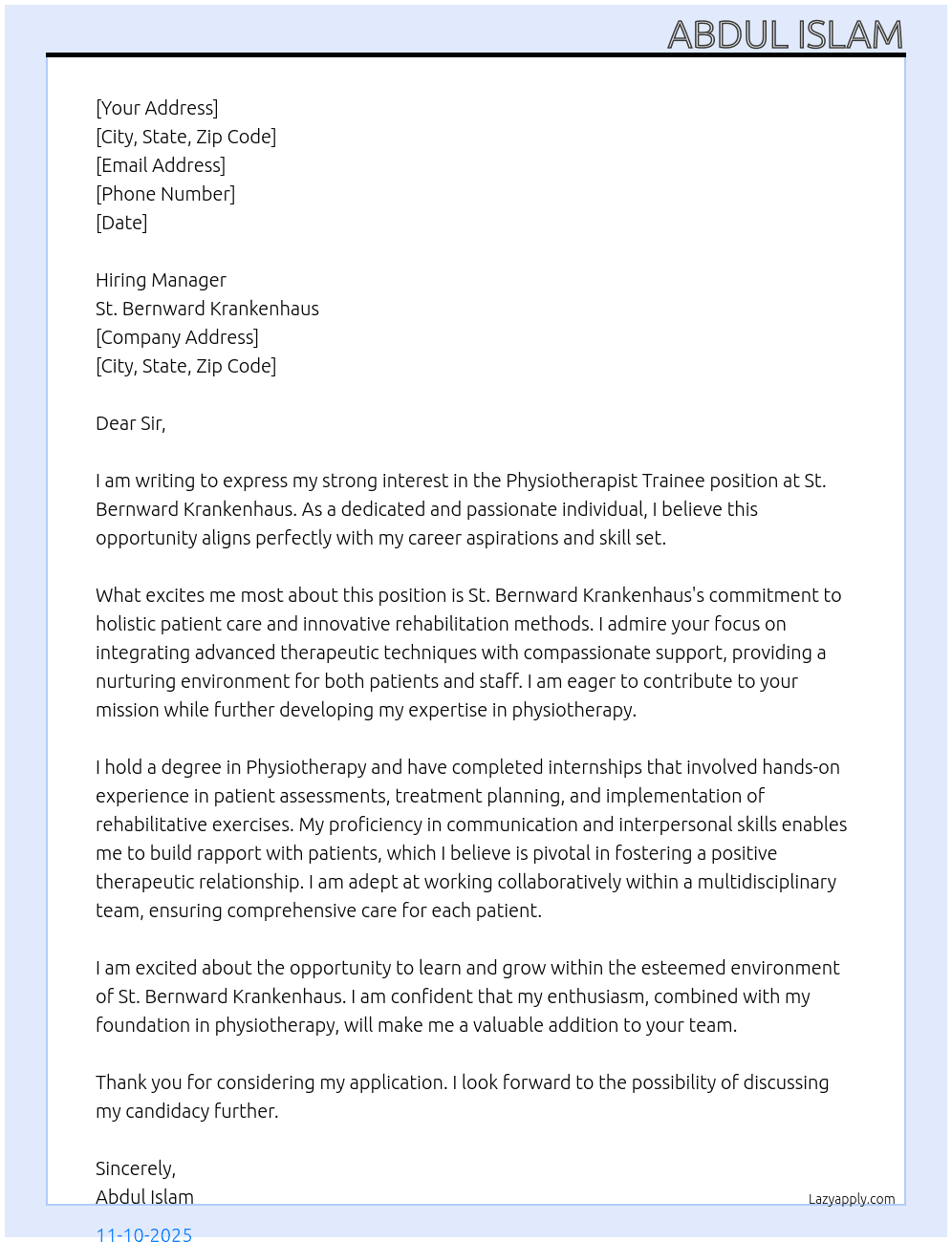 Physiotherapist Trainee  At St. Bernward Krankenhaus Cover Letter