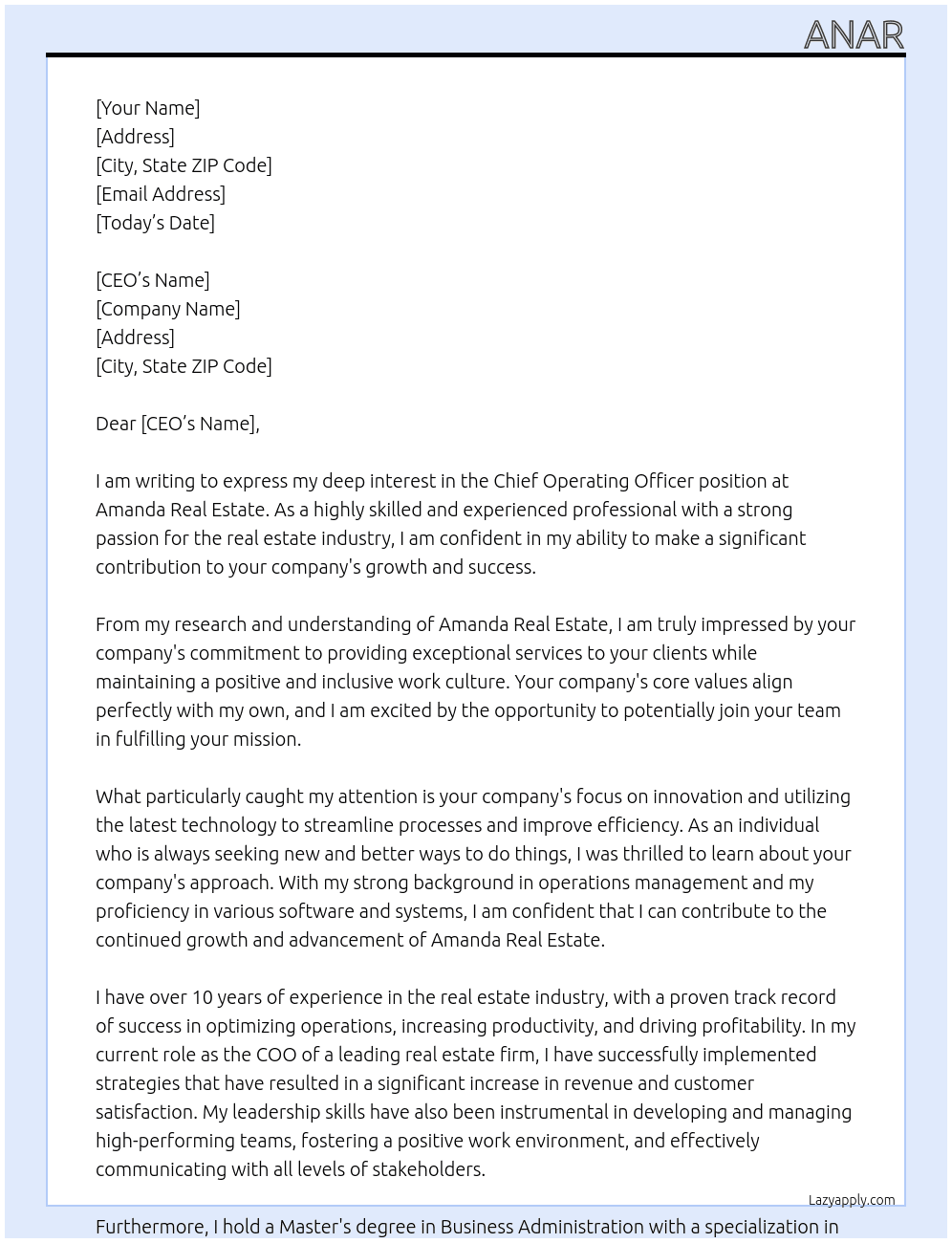 Chief Operating Officer  At Amanda Real Estate Cover Letter