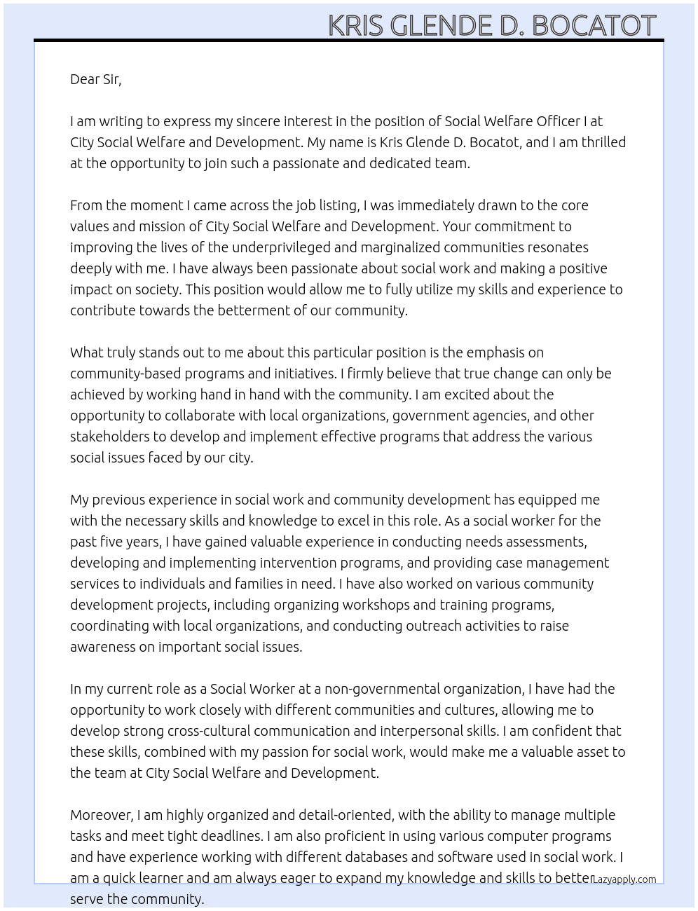 SOCIAL WELFARE OFFICER I At CITY SOCIAL WELFARE AND DEVELOPMENT  Cover Letter