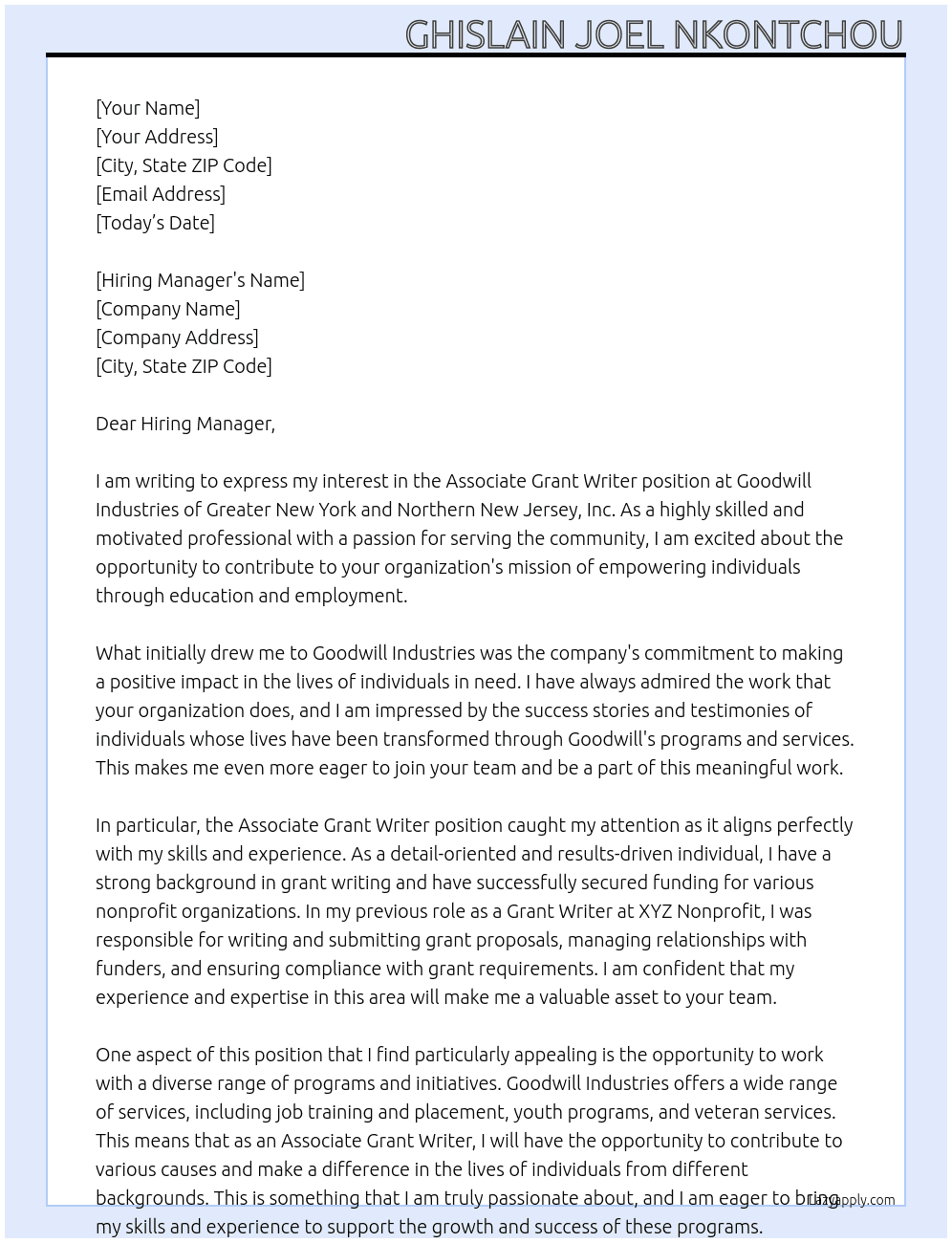 Associate Grant Writer At Goodwill Industries of Greater New York and Northern New Jersey, Inc.  Cover Letter