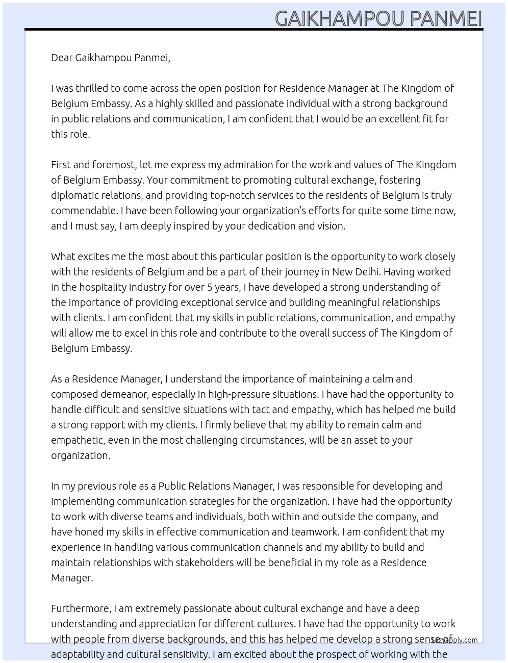 Residence manager  At The Kingdom of Belgium Embassy  Cover Letter