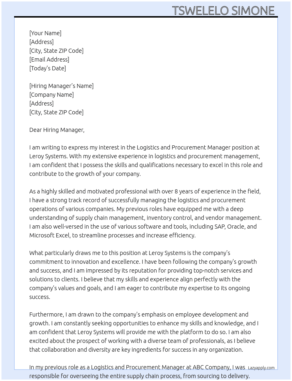 Logistics and Procurement Manager  At Leroy Systems  Cover Letter
