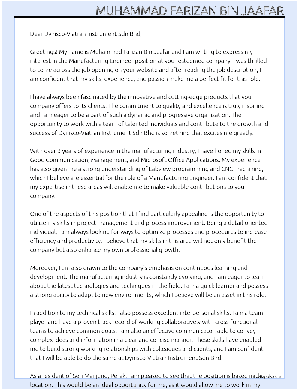 Manufacturing Engineer At Dynisco-Viatran Instrument Sdn Bhd Cover Letter