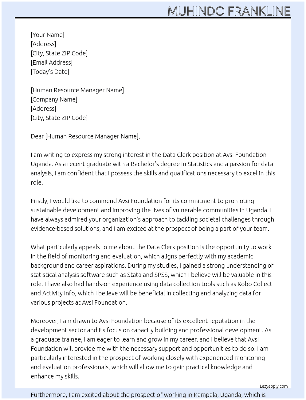 Data clerk At Avsi foundation Uganda Cover Letter