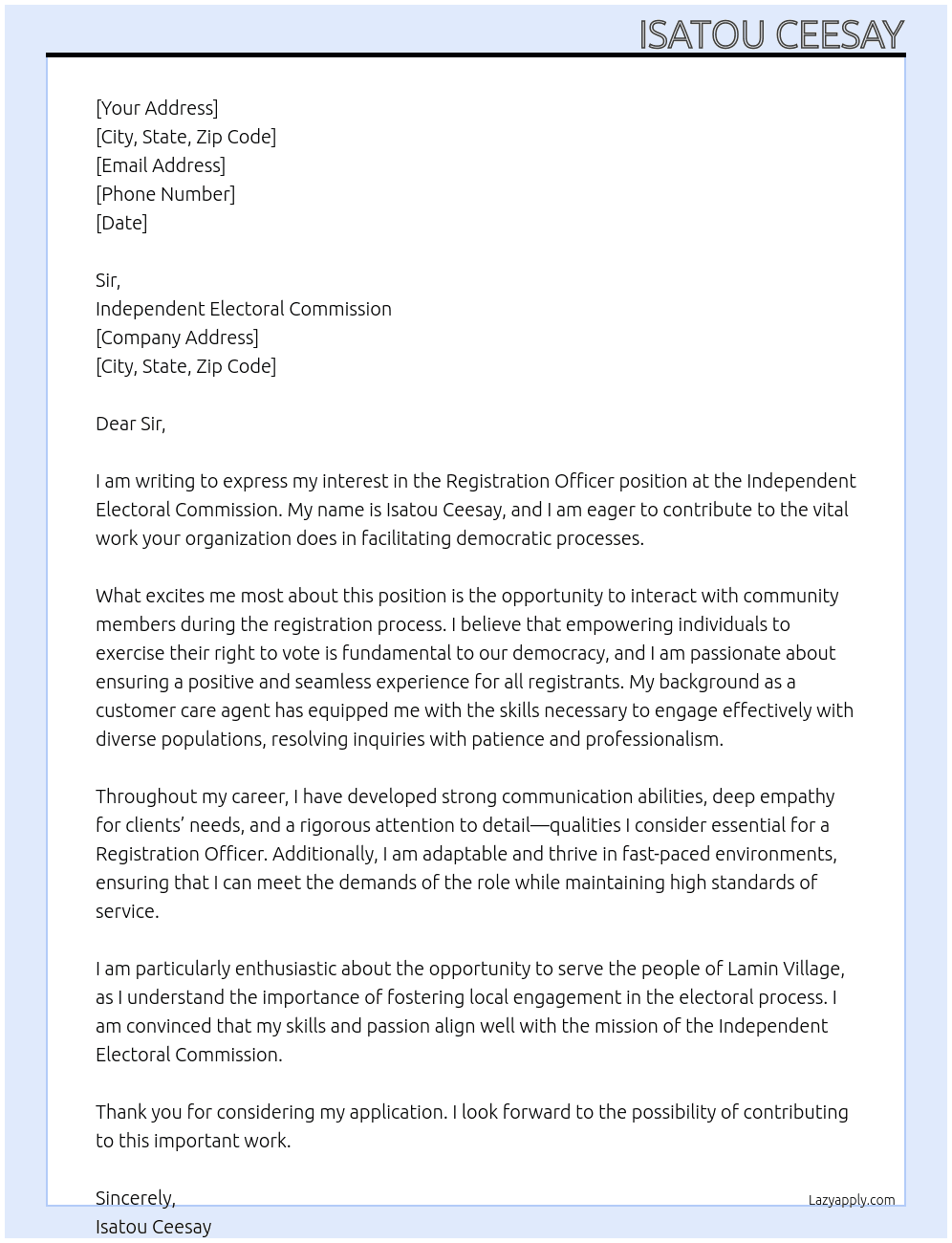 Registration office At independent electoral commission Cover Letter