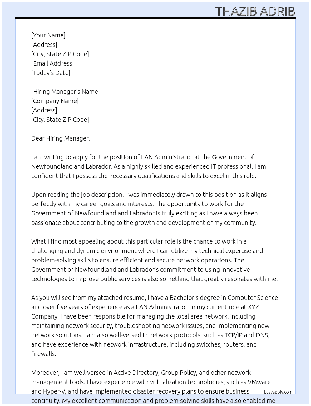 LAN Administrator At Government of Newfoundland and Labrador Cover Letter