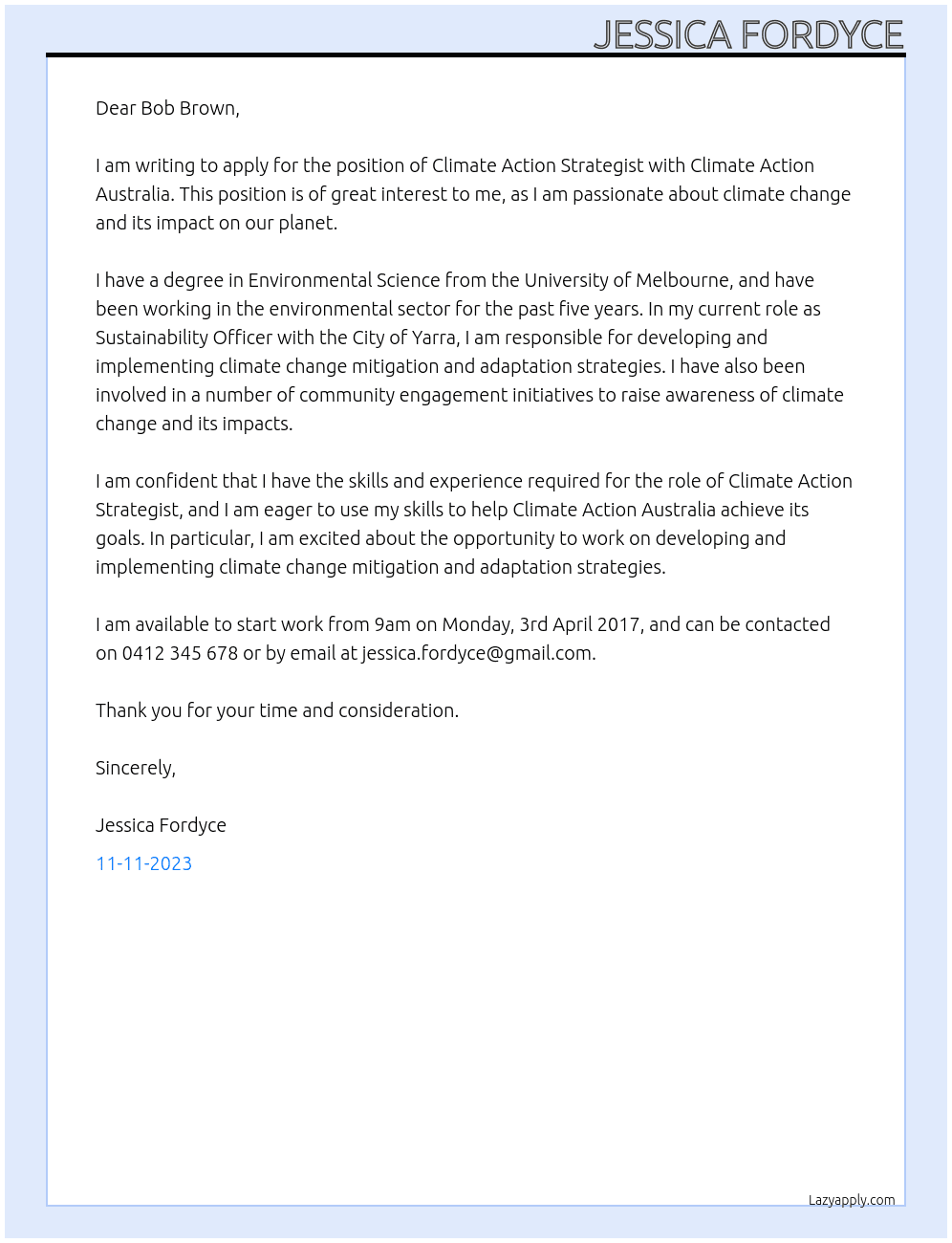Climate Action Strategist At Climate Action Australia Cover Letter