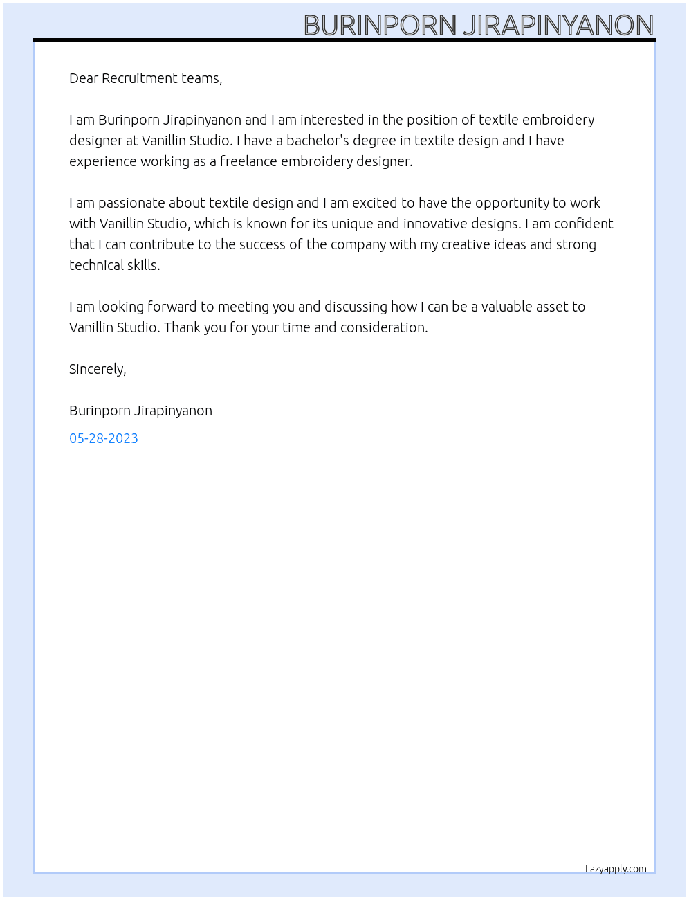 textile embroidery designer  At Vanillin Studio Cover Letter