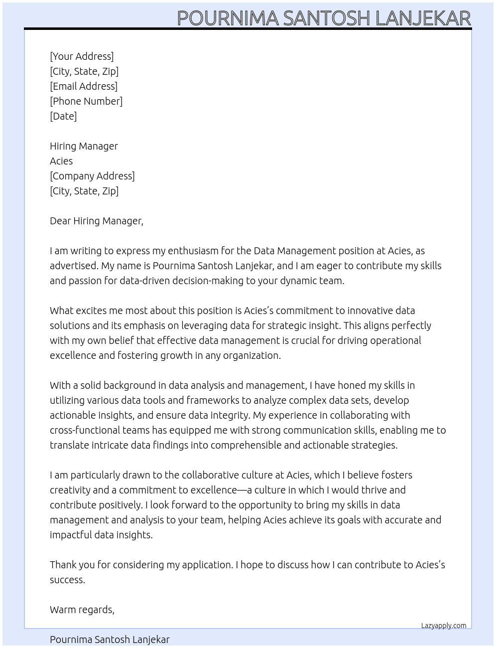 Data Management At Acies Cover Letter