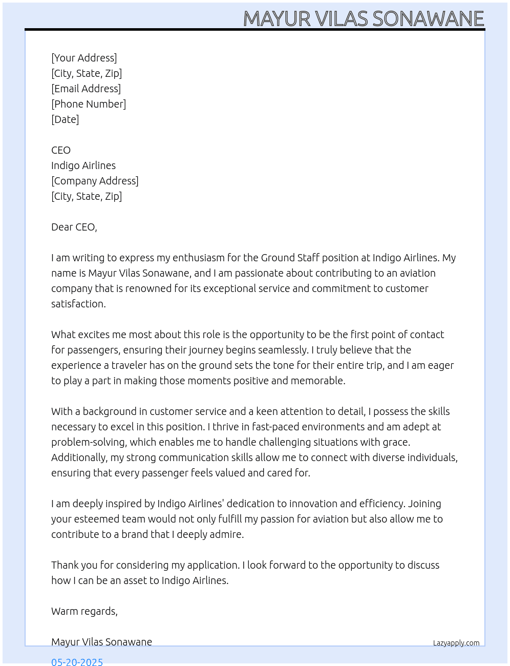 Ground staff At Indigo airlines Cover Letter