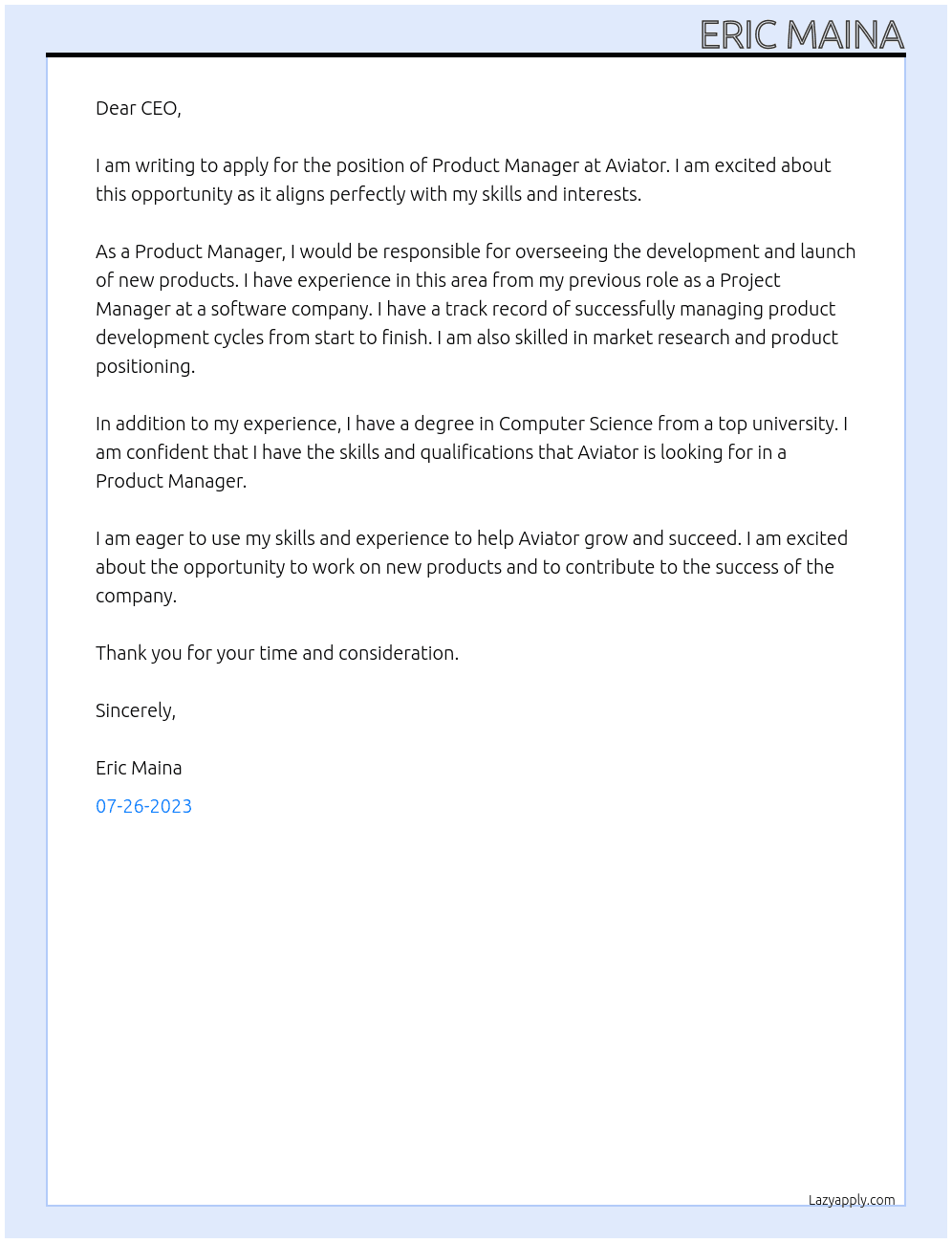 Product Manager At Aviator Cover Letter