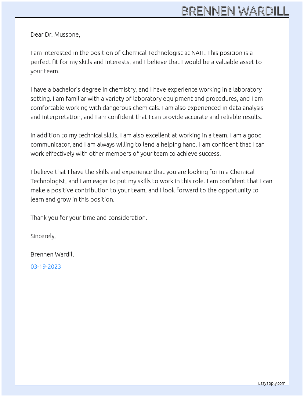 Chemical Technologist At NAIT Cover Letter