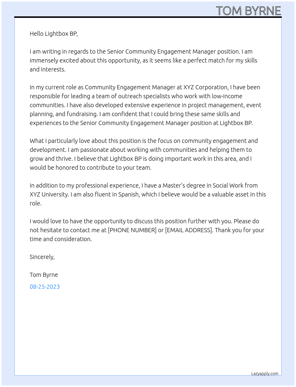 Senior Community Engagement Manager At Lightbox BP Cover Letter