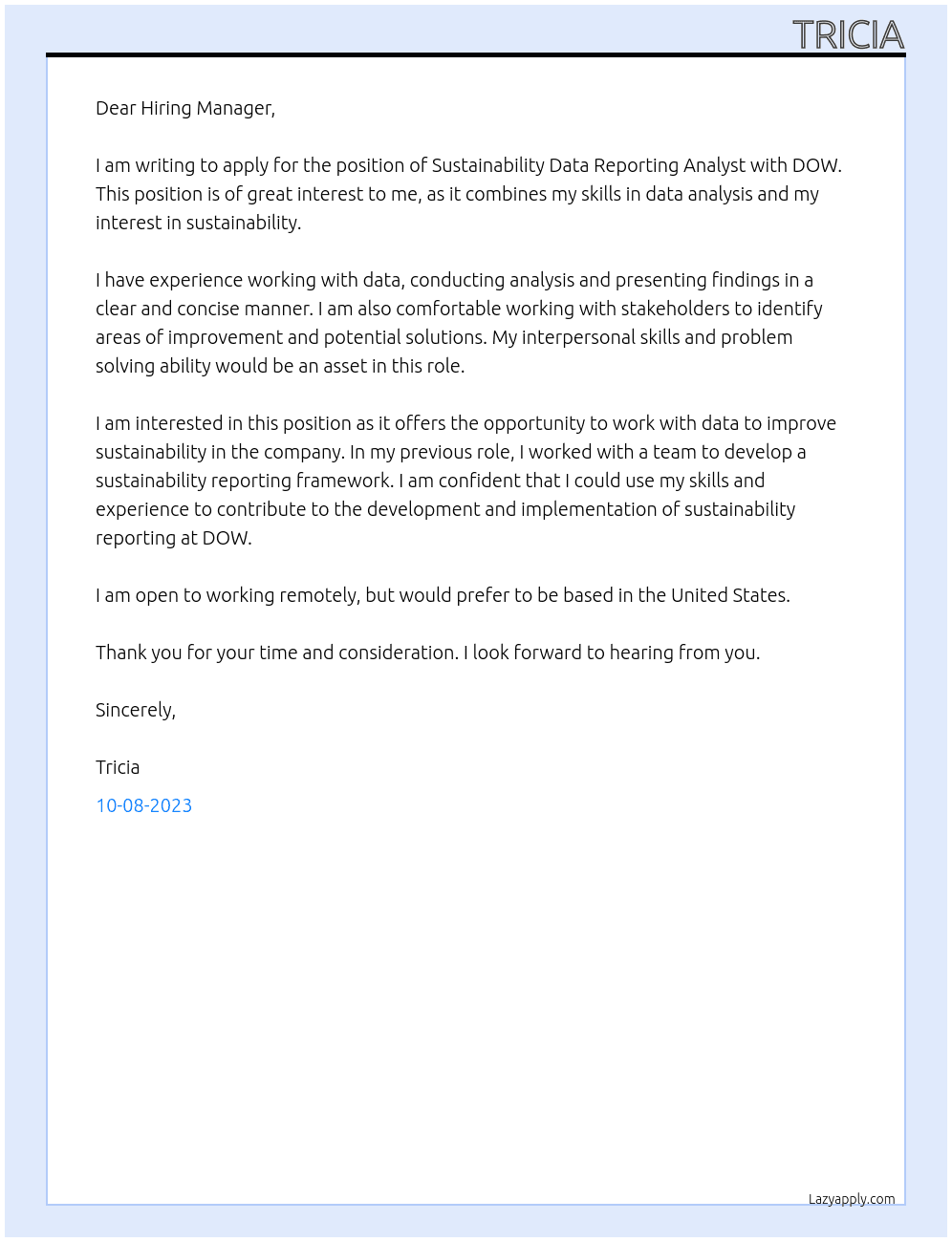 Sustainability Data Reporting Analyst At DOW Cover Letter