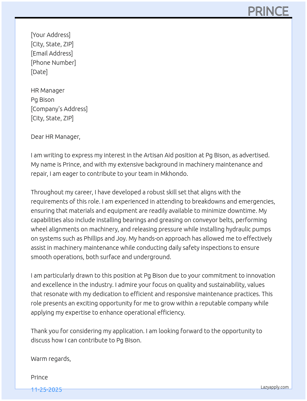 Artisan Aid At Pg Bison Cover Letter