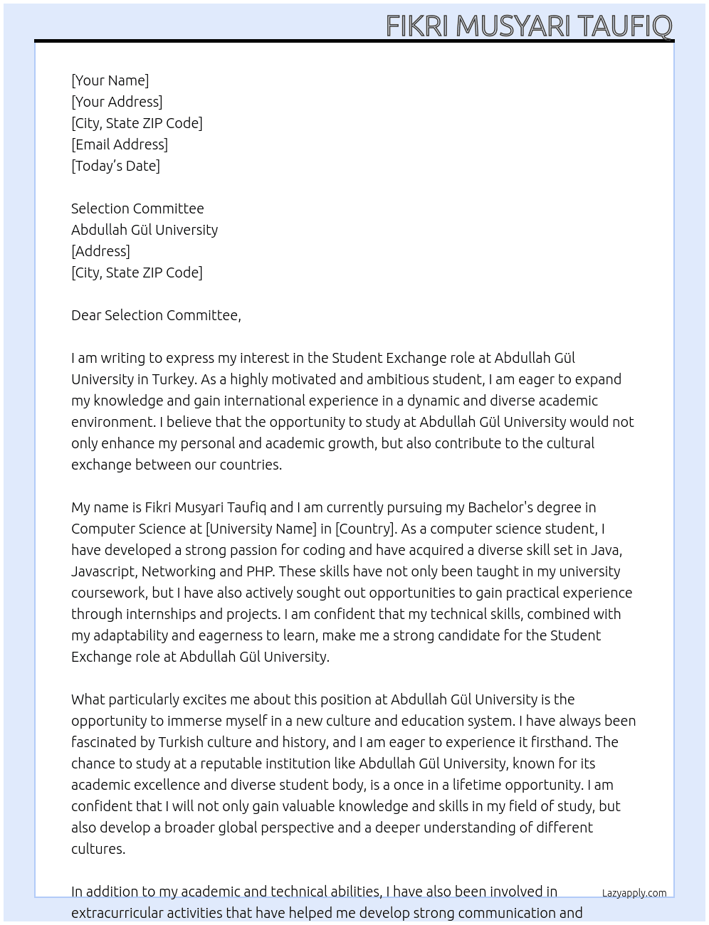 Student Exchange Turkey At Abdullah Gül University Cover Letter