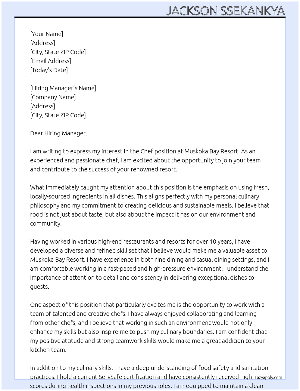 Chef At muskoka bay resort Cover Letter